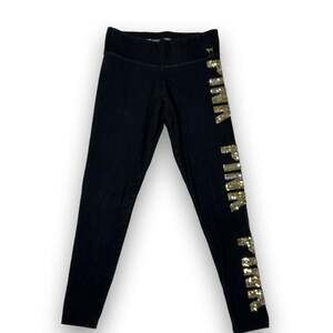 Victoria's Secret PINK Yoga Leggings Black Gold Silver Sequin Bling Logo Medium